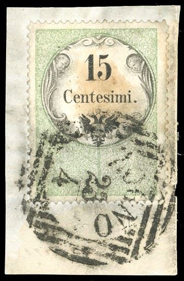 1854 - 15 cent. marca da bollo calcografica (7), perfetta, usata a Zogno 23/4 LOV punti 11. Cert. Raybaudi.
