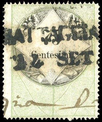1854 - 75 cent. verde e nero, marca da bollo calcografica (10), perfetta, recuperata da documento e utilizzata postalmente con annullo di "Battaglia 24 set". Bella e rara. Ferrario, cert. Sorani.