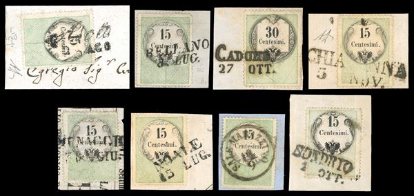 1854 - Sette frammenti con marche da bollo da 15 cent. e uno da 30 cent., tutti con annulli differenti, quotati dai 5 ai 10 punti. Insieme non comune e di ottima qualità.