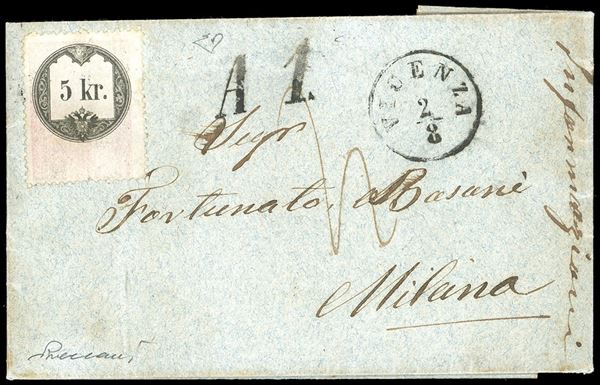 1865 - 5 kr. marca per lettere di accompagnamento di pacchi postali (5), ottimo stato, su lettera da Vicenza 2/8/1865 a Milano, sul fronte bollo in nero "A1" e segno di tassazione. Interessante. E.Diena, Vaccari.