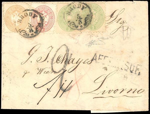 1866 - 3 kr. verde, due esemplari, 5 kr. rosa, 15 kr. bistro, tutti dent. 9 1/2 (Unificato 28,29,31), perfetti ad eccezione del 15 kr. che presenta un angolo arrotondato, su lettera da Brody 5/8/1866 a Livorno inoltrata per la via di Svizzera (al verso il transito di Chur 11/8/1866), a causa delle ostilità della III Guerra d'Indipendenza, affrancata insufficientemente e tassata. Insieme unico, di eccezionale interesse. Cert. Ferrario.