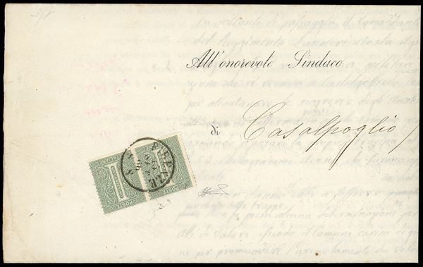 1866 - 1 cent. De La Rue, tiratura di Londra (L14), coppia, perfetta, su circolare a stampa da Firenze 15/9/1866 a Casalpoglio. Nel testo interno, a firma del Deputato C.Arrivabene, si legge una richiesta di informazioni in ordine ai fatti della III Guerra d'Indipendenza, in vista della pubblicazione di un libro sul tema. Molto interessante.