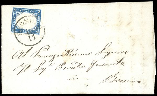 BAGNOLO, C1 punti 11 - 20 cent. IV emissione di Sardegna (15B), separato a mano, su lettera del 10/11/1859 per Brescia. Ex coll. Imperato.