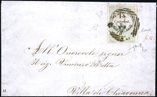 CAMERLATA, LOV punti 12 - 15 cent. marca da bollo calcografica (7), perfetta, su sovracoperta di lettera del 24/4 per Chiavenna. A. ed Enzo Diena, Chiavarello.