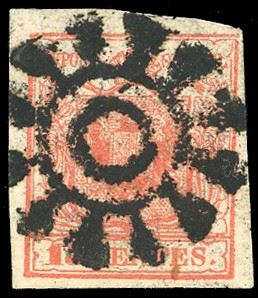 CHIAVENNA, muto punti R5 - 15 cent. rosso, I tipo (3), perfetto, usato con il rarissimo annullamento muto praticamente completo. Rarità. E.Diena, Ferrario. Cert. Bottacchi.