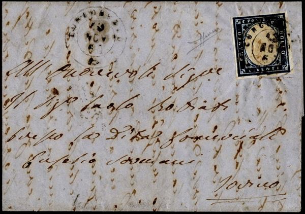 CONCOREZZO, punti 11 - 20 cent. (Sardegna 15C), perfetto, su lettera del 13/11/1860 per Torino. Prima data nota di questo annullo. Cert. Sorani.