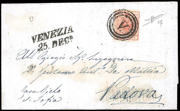 VENEZIA M+SI punti 8 - 15 cent. (3f), perfetto, su lettera del 25/12/1850 (Natale!) a Padova. Cert. Sorani.