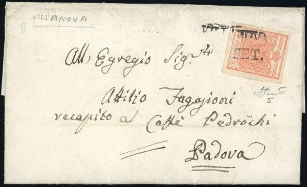 VILLANOVA, SD punti 10 - 15 cent. rosa, II tipo (5), perfetto, su fresca lettera del 4/9/1852 per Padova, indirizzata al caffè Pedrocchi. Cert. Ferrario.