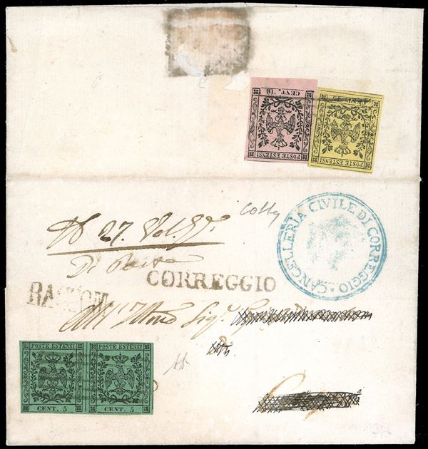1852 - 5 cent. verde, coppia orizzontale, e, al verso per il diritto di raccomandazione, 10 cent. rosa vivo e 15 cent. giallo, tutti senza punto dopo le cifre (1,2a,3), perfetti, su fresca lettera raccomandata da Correggio a Carpi. Rara affrancatura tricolore. A.Diena, cert. Colla.