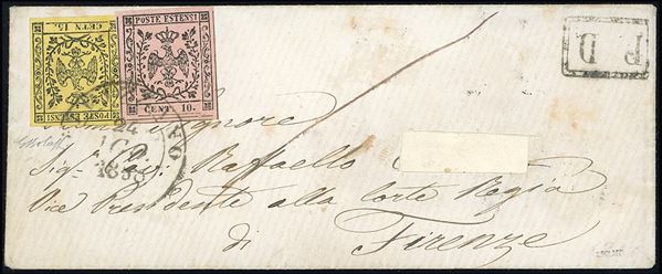 1858 - 15 cent. giallo, errore tipografico "CETN 15." e 10 cent. rosa, con punto dopo le cifre (3d,9), perfetti, su busta, indirizzo parzialmente ritagliato, da Fivizzano 24/8/1858 a Firenze. G.Bolaffi.