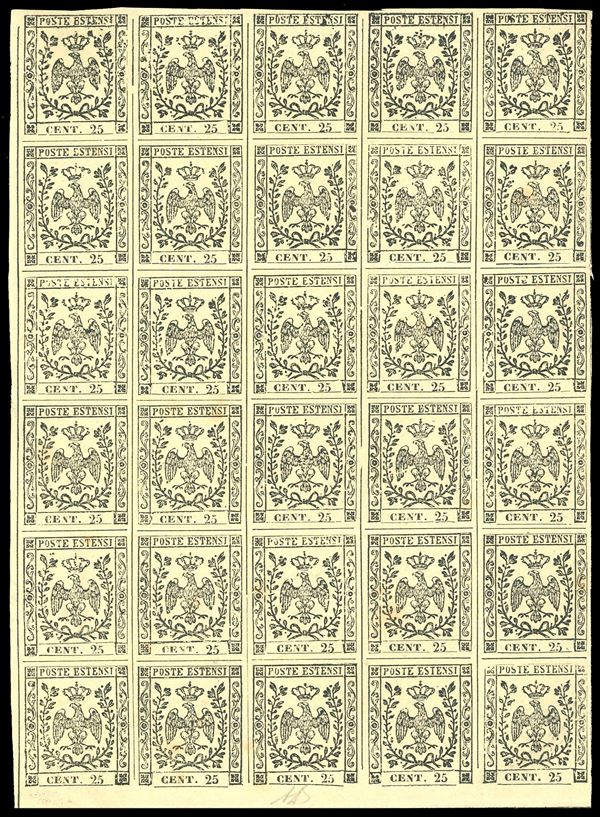 1852 - 25 cent. camoscio chiaro (4), blocco di 30 esemplari, angolo di foglio, gomma originale integra, traccia di linguella per tre soli esemplari, perfetto, qualche consueto punto di ossidazione al verso. Raro. G.Bolaffi, G.Oliva, A.Diena, cert. Ferrario.