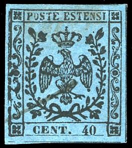 1852 - 40 cent. celeste (5), varietà di stampa sul lato sinistro, usato con annullo leggero, quasi invisibile, ben marginato, assottigliato. Ottimo aspetto.
