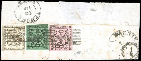1852 - 5 cent. verde, punto dopo le cifre, tipografico a destra, 10 cent. rosa e 25 cent. camoscio chiaro, entrambi senza punto dopo le cifre (7,2,3), perfetti, su ampio frammento di lettera da Massa Carrara a Verona. Ferrario.