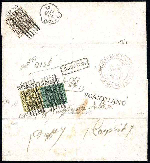 1854 - 5 cent. verde, punto dopo le cifre, 15 cent. giallo e, al verso per il diritto di raccomandazione, 25 cent. camoscio chiaro, entrambi senza punto dopo le cifre (7,3,4), perfetti, su gran parte di lettera raccomandata da Scandiano a Reggio, 16/12/1854. Rara affrancatura tricolore, di ottima qualità. G.Bolaffi, A.Diena.