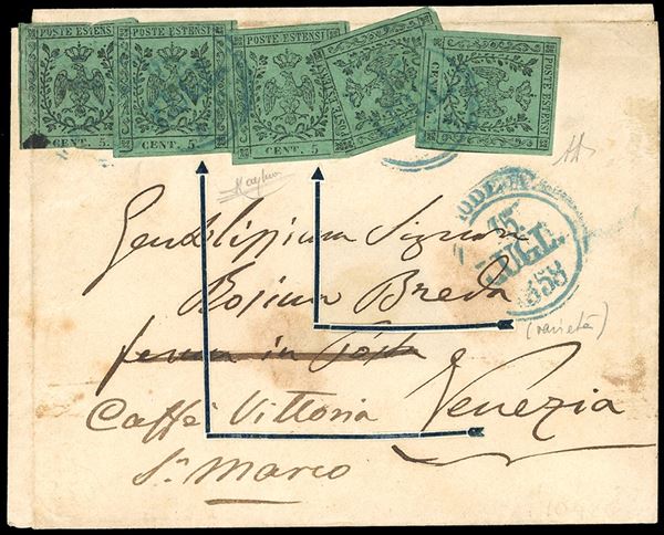 1858 - 5 cent. verde, con punto dopo la cifra quattro esemplari, uno senza punto (7), buono stato, su lettera da Modena 15/7/1858 a Venezia. Bella affrancatura multipla monovalore, impreziosita dalla varietà. A.Diena, cert. Raybaudi.