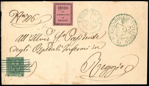 1855 - 5 cent. verde oliva, punto dopo la cifra (8) , perfetto, su lettera da Guastalla 7/8/1855 a Reggio, dove venne applicata l'etichetta di sanità "Ufficio disinfezione di Reggio" del I tipo, secondo la catalogazione AISP. La lettera è interessata da due tagli di disinfezione, lontani dal francobollo. Ottima qualità. Cert. Diena.