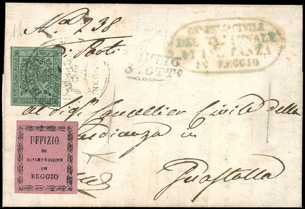 1855 - 5 cent. verde oliva, punto dopo la cifra (8), perfetto, su lettera raccomandata da Reggio 3/10/1855 a Guastalla (al verso è ancora presente parte del francobollo da 25 cent. per il diritto di raccomandazione). La lettera venne sottoposta a disinfezione attraverso due tagli e venne applicata l'etichetta di sanità "Ufficio disinfezione di Reggio" del III tipo secondo la catalogazione AISP. Rara e di ottimo aspetto. A.Diena, cert. Bottacchi.