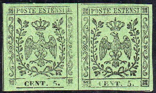 1855 - 5 cent. verde oliva, coppia orizzontale con un esemplare con varietà punto grosso dopo il 5, (8h+8), gomma originale integra, perfetta. Rara. Cert. Diena.