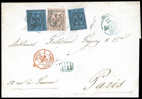 1858 - 10 cent. rosa e 40 cent. azzurro, due esemplari (9,10), margini corti, su lettera da Modena 13/4/1858 a Parigi. Non comune, Ferrario.