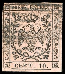 1854 - 10 cent. rosa, punto dopo le cifre, errore tipografico "N" di "CENT" coricata (9i), usato con annullo che lascia scoperto il tassello con la varietà, difettoso. Raro. Em.Diena, Vaccari.