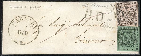 1855 - 10 cent. rosa, errore tipografico "N" coricata, 5 cent. verde oliva, entrambi con punto dopo le cifre (9i,8), perfetti, su piccola busta da Carrara 10/6/1855 a Livorno. Bella e molto rara. A.Diena, cert. Vaccari.