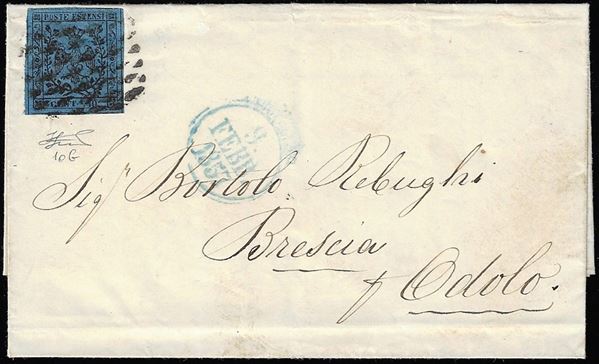 1857 - 40 cent. azzurro scuro, punto vicino al "4" (10b), perfetto, su lettera da Modena 9/2/1857 ad Edolo. Bella e rara! Cert. Ferrario.