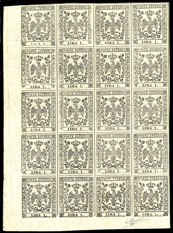 1853 - 1 lira bianco (11), blocco di 20 esemplari, angolo di foglio, gomma originale integra, 4 esemplari con traccia di linguella, perfetto e di ottima qualità. Ferrario, cert. Sorani.