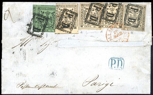 1856 - 1 lira bianco, riparato, 25 cent. tre esemplari e 5 5 cent. verde (11,4,7), su lettera di doppio porto da Modena, annullo P.D., a Parigi, giunta il 26 aprile 1856. Rara affrancatura tricolore, non censita dal Sassone. Cert. Raybaudi.