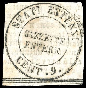 1853 - 9 cent. bollo "Gazzette Estere" (B1), su frammento, perfetto. G.Oliva.