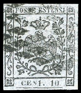 1857 - 10 cent. grigio lillaceo, errore tipografico "CEN1. 10" (4b), usato con annullo a rombi che lascia scoperta la varietà, ben marginato, leggermente assottigliato. Ottimo aspetto. Cert. A.Diena.