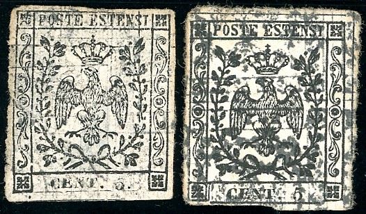 1852 - 5 cent. bianco, doppia stampa di cui una capovolta (P20 nota), senza gomma come sempre, due esemplari con lievi difetti. Non comuni.
