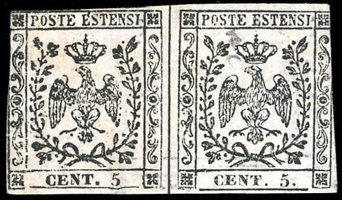 1852 - 5 cent. bianco, prova su carta vergata orizzontalmente (P20), coppia orizzontale con stampa recto-verso capovolta, nuova, senza gomma come sempre, difetti di marginatura. Molto rara. Vaccari.