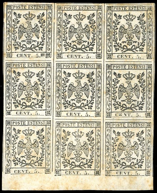 1852 - 5 cent. bianco, prova su carta filigranata (P21), blocco di nove esemplari comprendente uno con errore tipografico "E" di "CENT" coricata, bordo di foglio in basso, nuovo, senza gomma come sempre, consuete ossidazioni. Em.Diena.