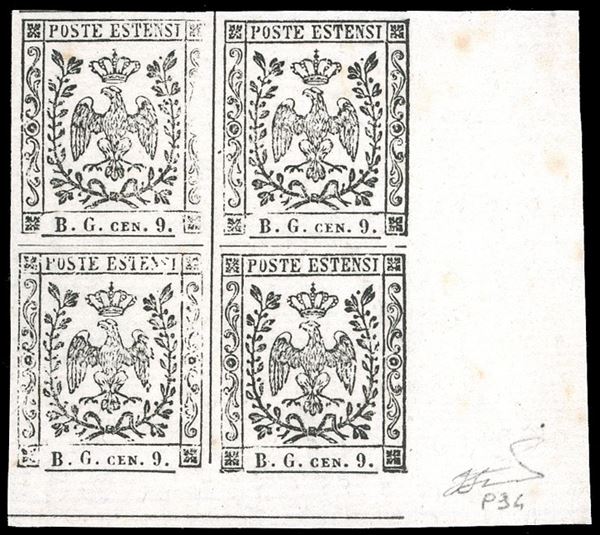 1853 - 9 cent. "B.G." piccole, prova su carta bianca (P34), blocco di quattro, angolo di gruppo, un esemplare con varietà stampa evanescente, nuovo, senza gomma come sempre, perfetto. Cardillo, Ferrario.