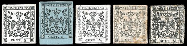 1852 - Cinque prove del periodo, tra cui una su carta celeste chiaro e due con doppia stampa, nuove, senza gomma come sempre, generalmente di buona qualità. Quattro firmate da noti periti.