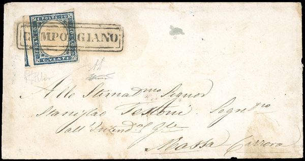 CAMPORGIANO, cartella punti R2 - 20 cent. IV emissione di Sardegna (15Cb), giusto in alto, su busta per Massa Carrara, bollo di arrivo del 2/12/1860. Rara. A.Diena, cert. Ferrario.