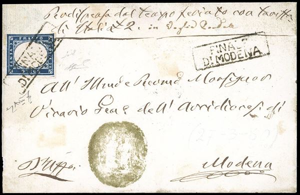 FINALE DI MODENA, cartella in nero punti R1 - 20 cent. IV emissione di Sardegna (15C), leggermente sfiorato a sinistra, su lettera per Modena, bollo di arrivo al verso del 27/3/1860, sul fronte l'indicazione che la lettera conteneva un vaglia postale di 2 lire. Si tratta dell'UNICO CASO NOTO di questo bollo in cartella quale unico annullatore dei francobolli dell IV emissione di Sardegna. Rarità del settore. Fiecchi, Ferrario, cert. Avanzo.