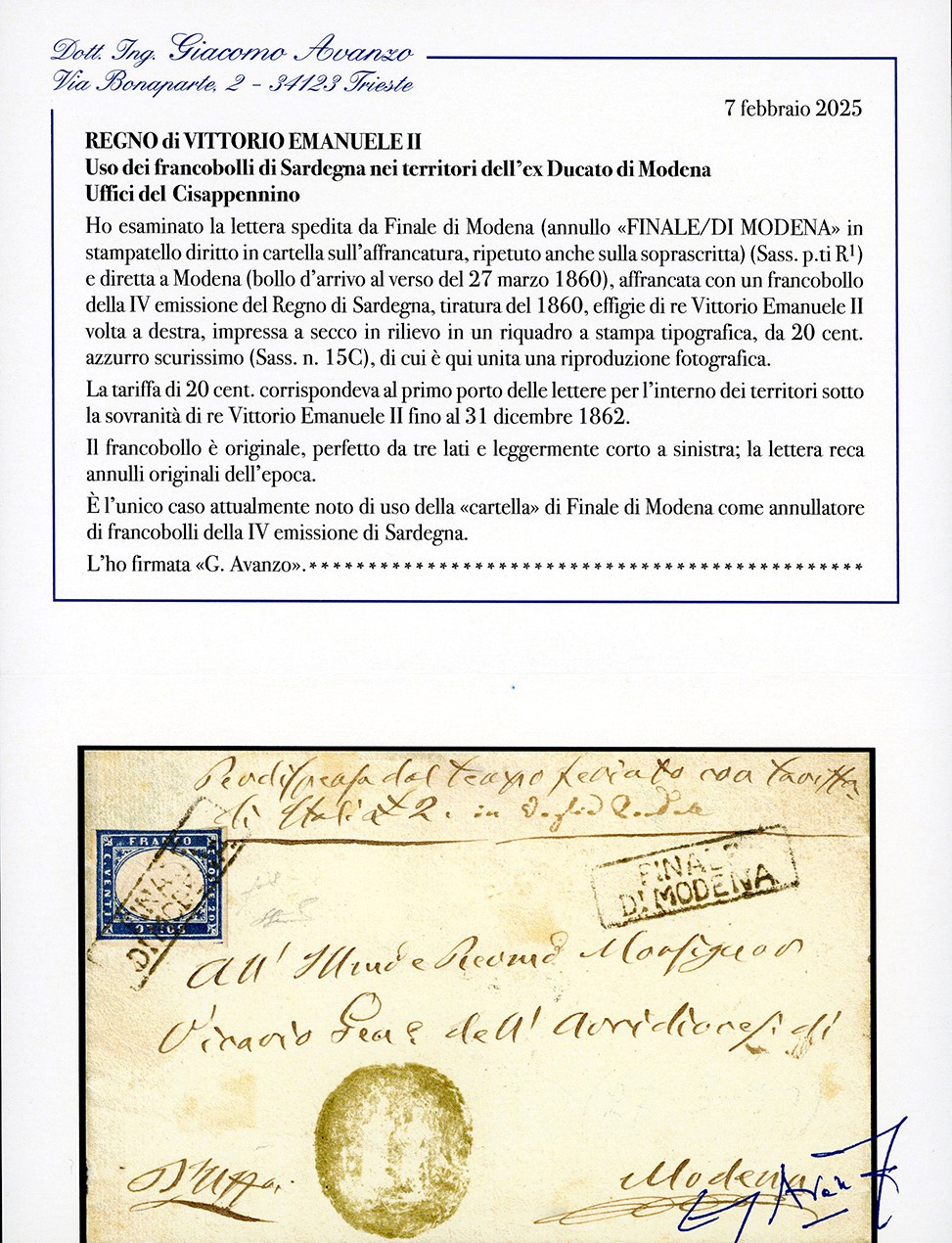 Finale di Modena, Cartella in nero punti R1 - 20 cent. IV emissione di Sardegna su lettera