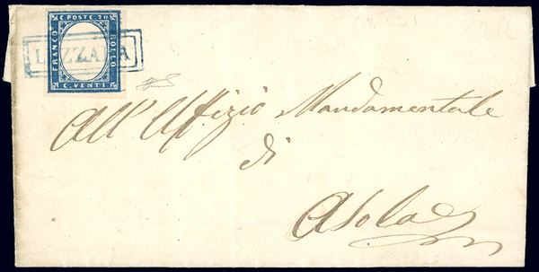 LUZZARA, cartella in azzurro punti R1 - 20 cent. IV emissione di sardegna (15C), perfetto, su lettera del 19/11/1860 per Asola. Splendida e rara. Cert. Ferrario.