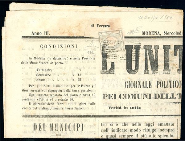 MODENA, 9 sbarre con stemma di Savoia al centro, punti R2 - 1 cent. grigio chiaro (Sardegna 19d), perfetto, usato su giornale completo "L'Unitario" del 14/5/1862. Annullo molto raro sui centesimi per stampati. Ferrario, cert. Manzoni.