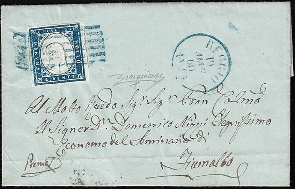REGGIO, sei sbarre + cerchio entrambi azzurri punti R3 - 20 cent. azzurro (Sardegna15Ca), perfetto, su lettera del 19/5/1860 per Fiumalbo. Unica lettera nota, di splendida qualità. Cert. Colla (Cat. Sassone € 35.000/52.500).