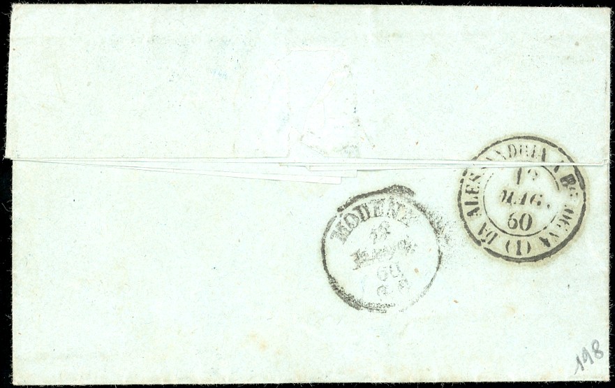 Reggio, Sei sbarre e cerchio azzurri, 20 centesimi azzurro su lettera del 19/5/1860