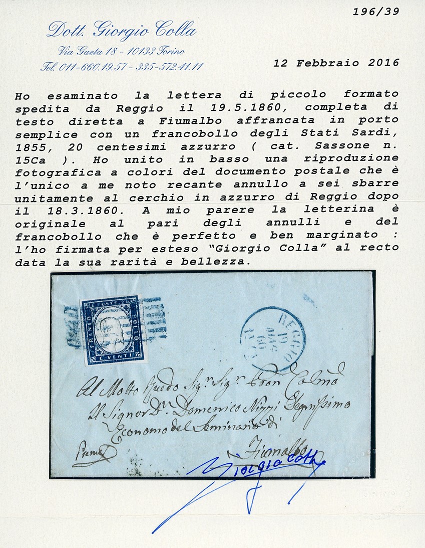 Reggio, Sei sbarre e cerchio azzurri, 20 centesimi azzurro su lettera del 19/5/1860