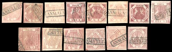 1858/59 - L'emissione completa di 14 esemplari, con tutte le tavole (1/14), usati, perfetti. Molto belli e di ottima qualità. Insieme raro. Tutti firmati e classificati da noti periti. I n. 12 e 13 cert. Raybaudi, il n. 14 cert. E.Diena.