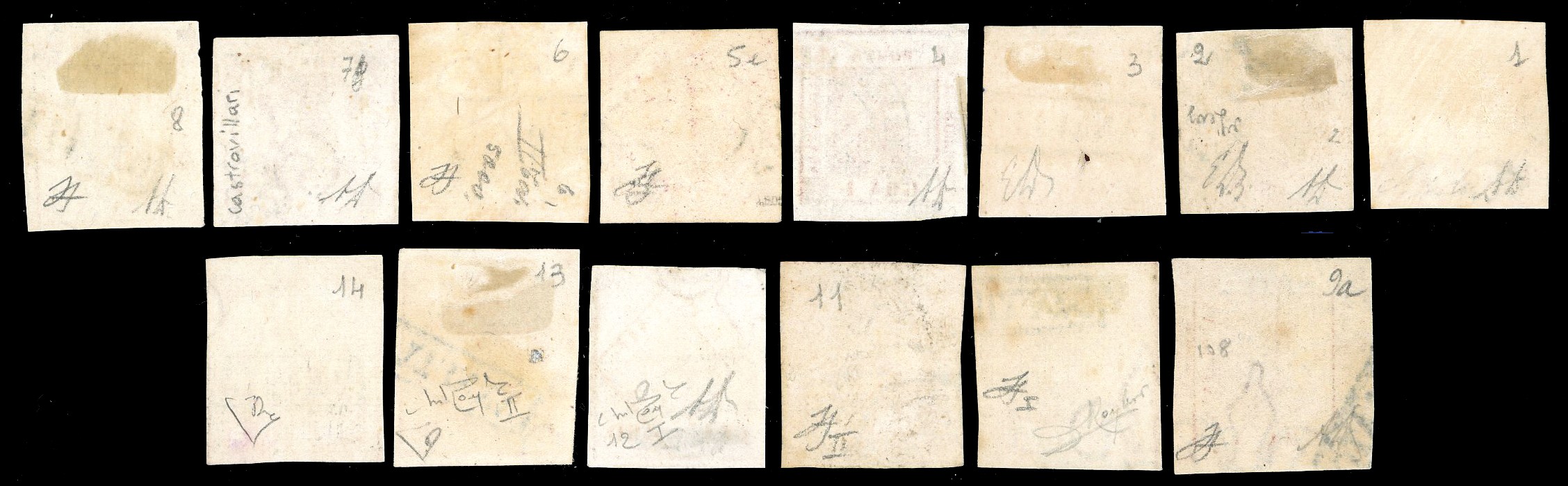 Emissione completa di 14 esemplari, francobolli usati (1858/59)