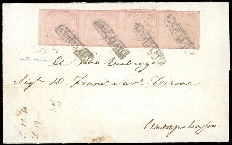 1860 - 1/2 grano rosa chiaro, I tavola (1), striscia verticale di quattro, lievissima piega su un esemplare, su lettera da Napoli 15/3/1860 a Campobasso. Chiavarello.  - Auction Philately - Cambi Casa d'Aste