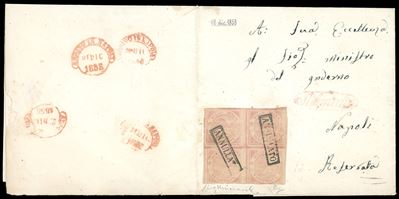 1858, 1/2 grano rosa brunastro, blocco di quattro su lettera da Sulmona a Napoli