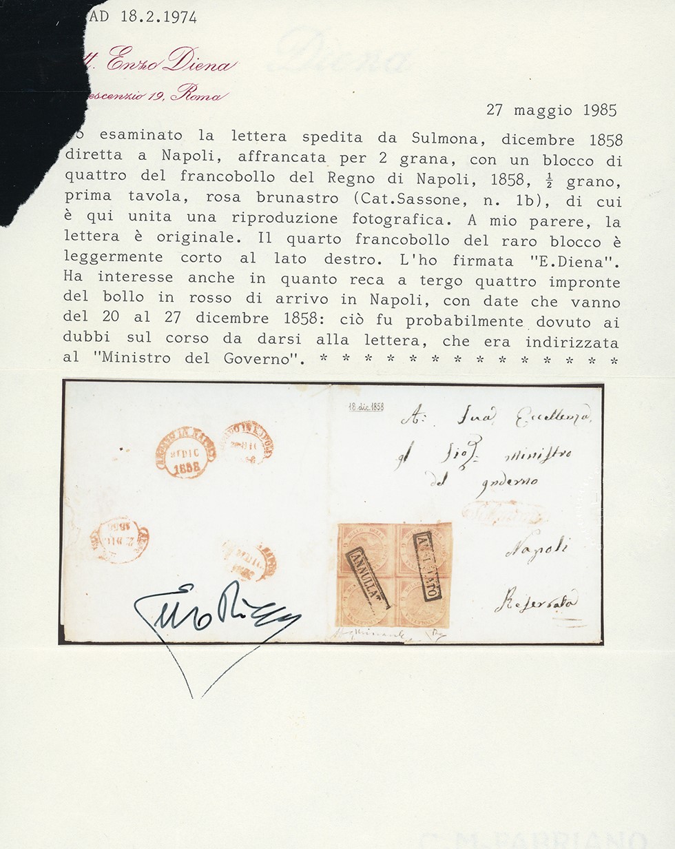 1858, 1/2 grano rosa brunastro, blocco di quattro su lettera da Sulmona a Napoli