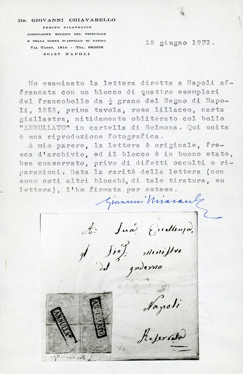 1858, 1/2 grano rosa brunastro, blocco di quattro su lettera da Sulmona a Napoli