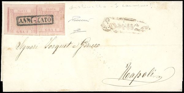 1858 - 1 grano rosa chiaro, I tavola, coppia orizzontale con cattivo allineamento (3f), bordo di foglio a sinistra, su fresca lettera da Cosenza 26/11/1858 a Napoli. Vaccari, cert. Diena.